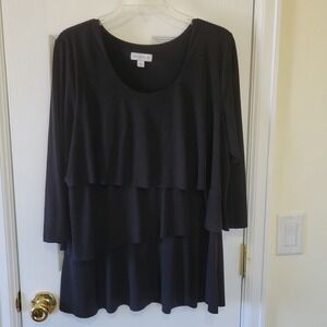 Susan Graver Black Liquid Knit Tiered Ruffle‎ Tunic Top 3/4 Sleeve Scoop Neck L